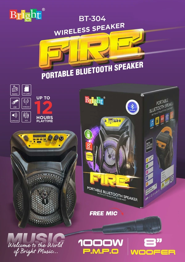 Bright Bluetooth Speaker 8inch Woofer 12Hours Playtime free Mic With Echo