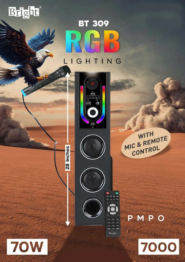 Bright 70Watt RGB Lighting Wireless Speaker with MIC & Remote Cotrol - Black