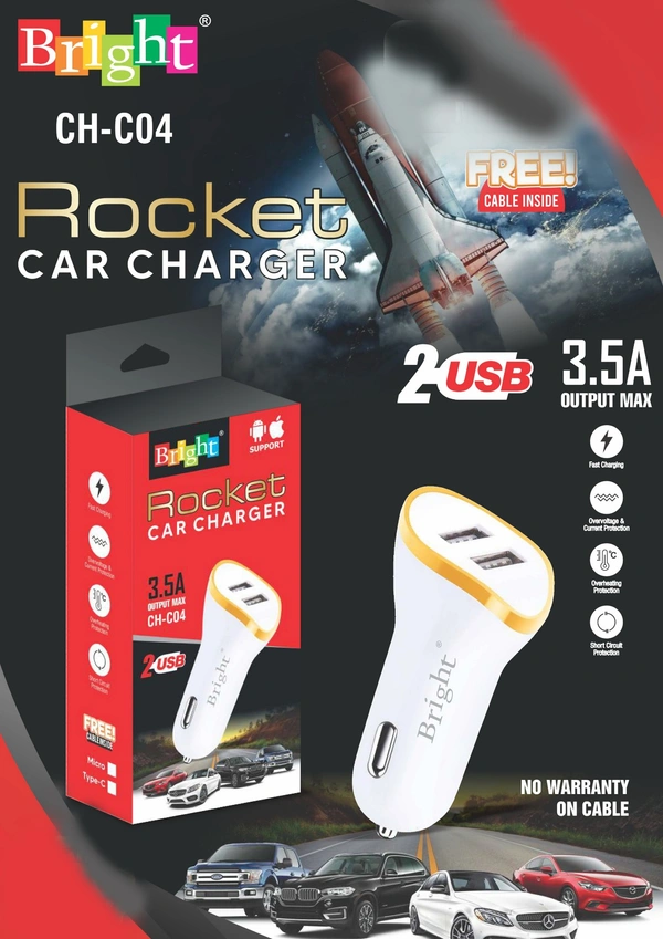 Bright 3.5A Car Charger Dual USB Type C Cable free Rocket Charger
