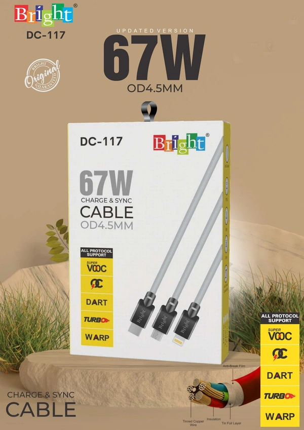 Bright 67Watt Turbo Charging Cable Type C - Gray