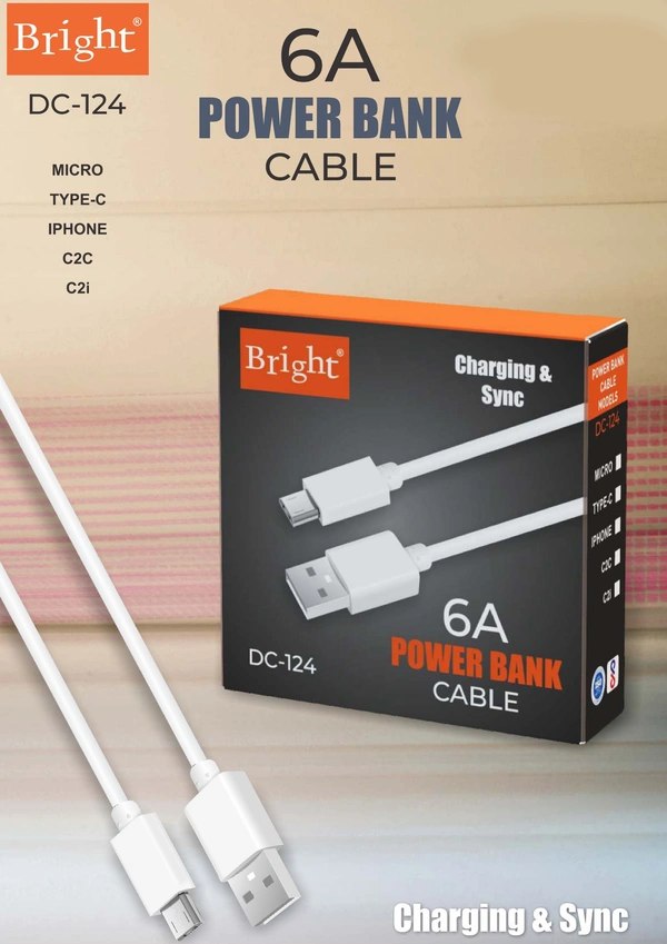 Bright 6A Power Bank Cable Type C Charging & Sync - White