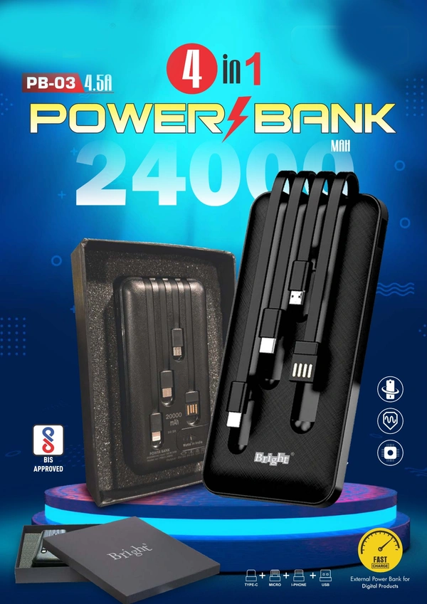 Bright 24000 Mah 25Wat Power Bank 4 in 1 Cable