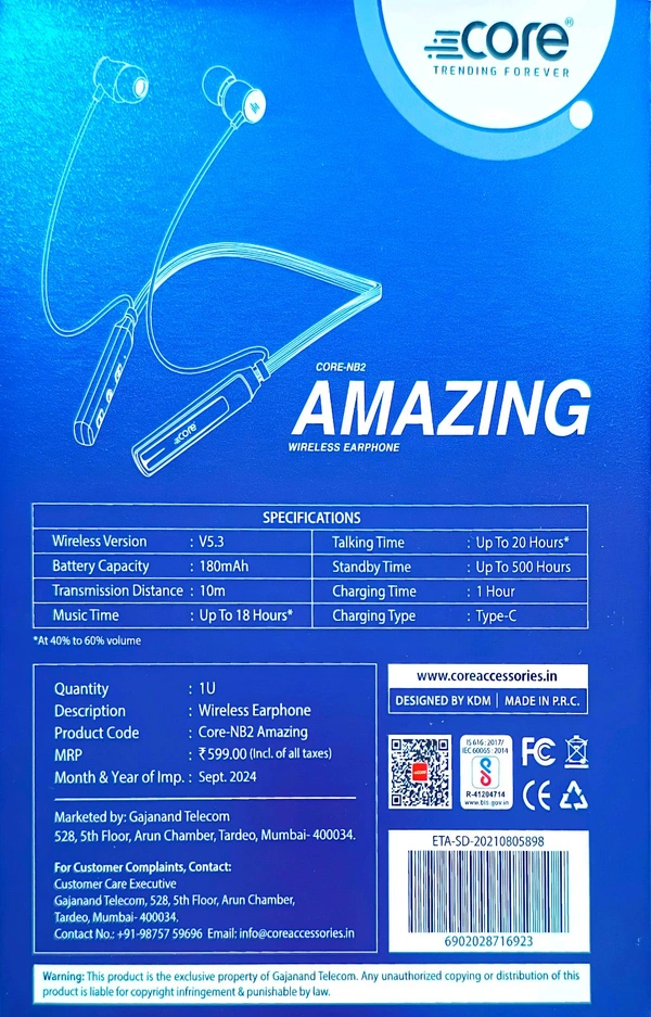 Core AMAZING Wireless Earphone 18Hour Music Play Time - Gray