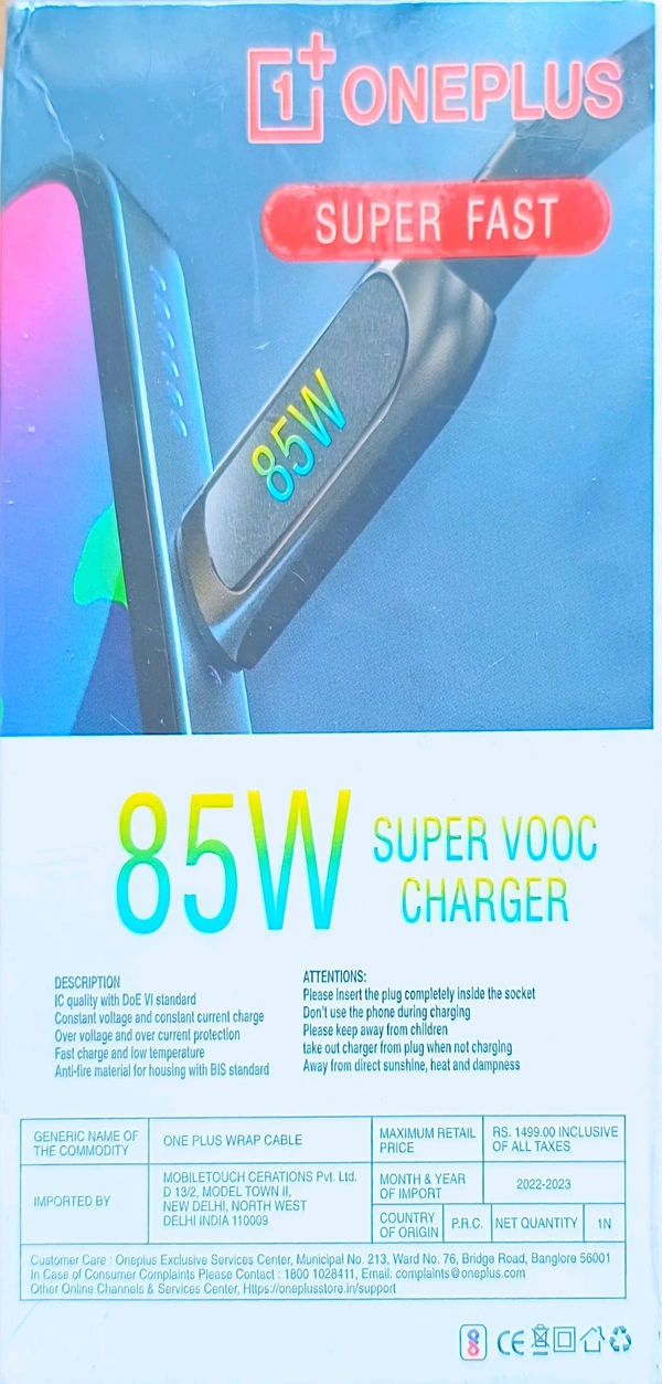 ONEPLUS Mobile 85W Charger Super Fast Type C Cable - White