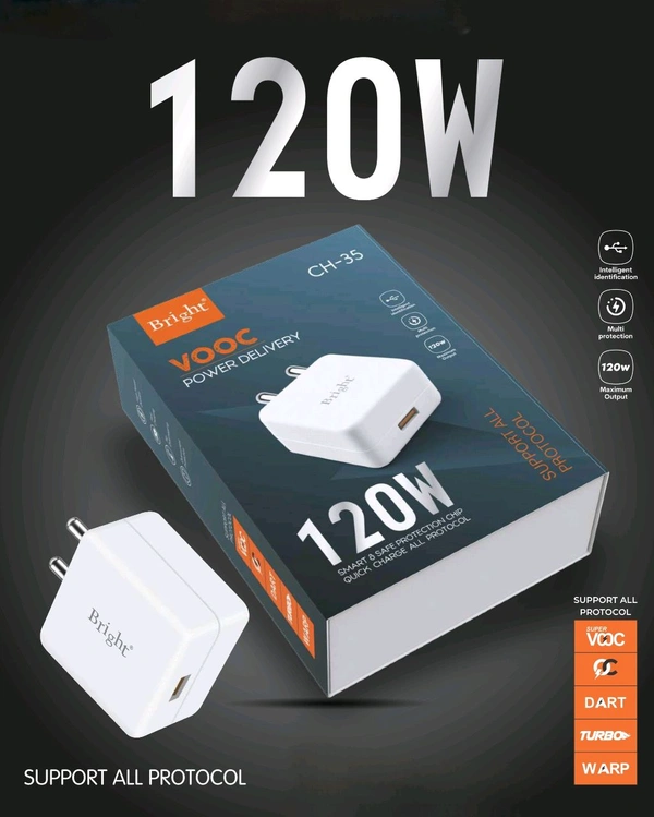 Bright 120Watt VOOC, TURBO SUPER FAST Charger Type C 1 Year Warranty - White