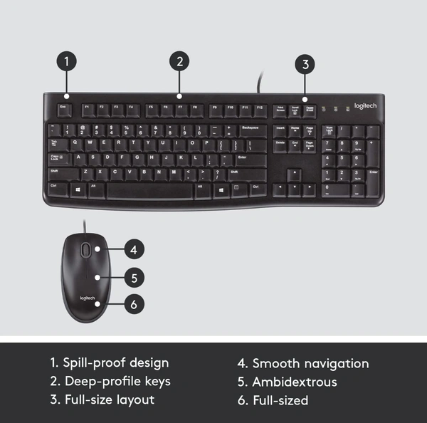 Logitech MK120 Wired USB Keyboard and Mouse Set for Windows, Optical Wired Mouse, Full-Size Keyboard, USB Plug-and-Play, Compatible for PC, Laptop - Black - 10AM- 08PM