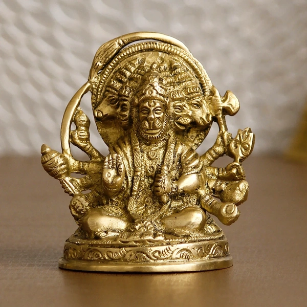 Golden Brass Handcrafted Sitting Panchmukhi Hanuman Statue