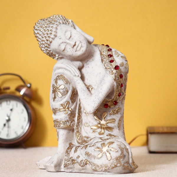 Polyresin White And Golden Resting Buddha On Knee Statue