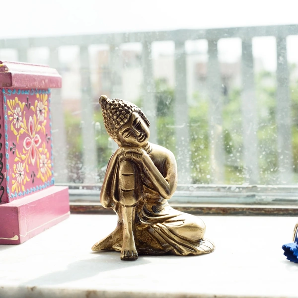 Golden Brass Buddha Resting On Knee Statue