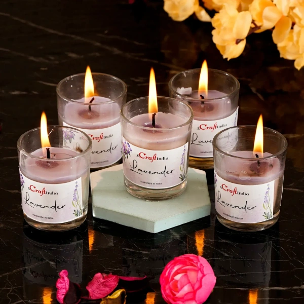 Set Of 5 Glass Lavender Scented Candles