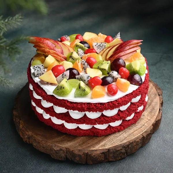 Fresh Fruits Topped Red Velvet Cake - 500 Gm