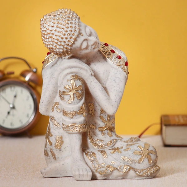 Polyresin White And Golden Resting Buddha On Knee Statue