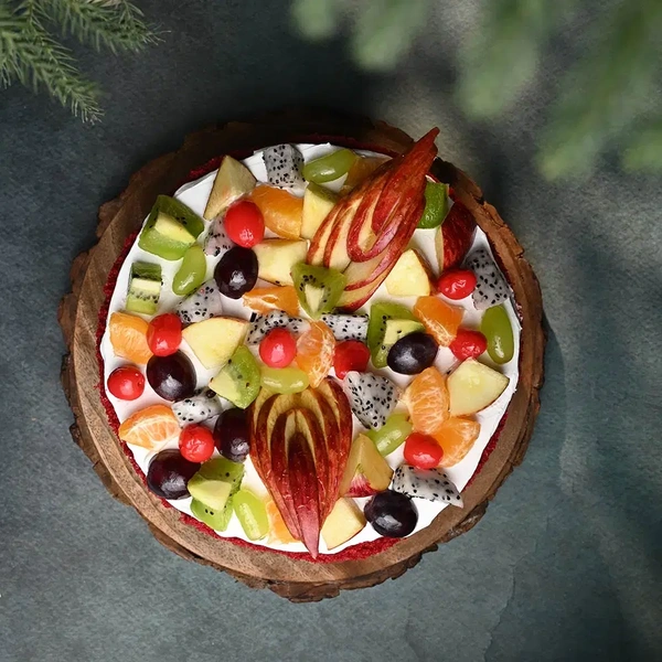 Fresh Fruits Topped Red Velvet Cake - 500 Gm