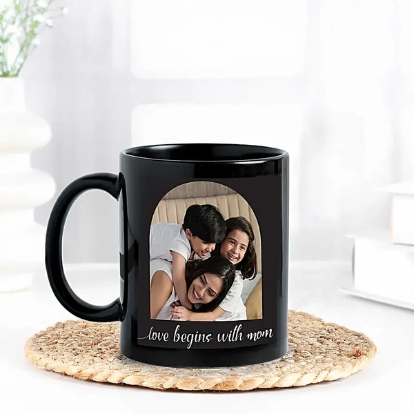 Personalised Love Begins With Mom Photo Mug