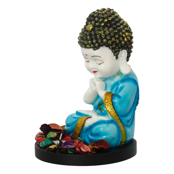 Polyresin Blue And White Praying Monk Buddha Statue