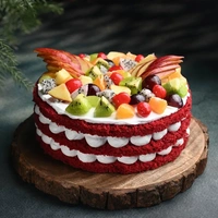 Fresh Fruits Topped Red Velvet Cake - 500 Gm