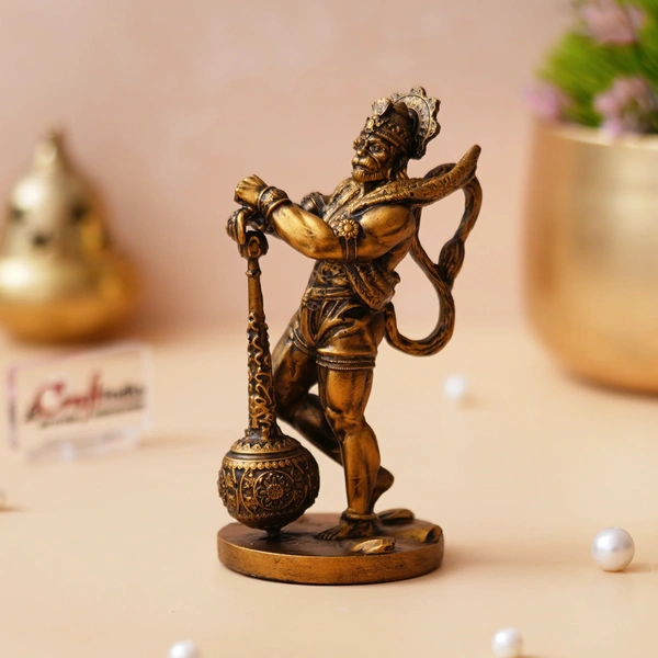 Golden Polyresin Handcrafted Standing Lord Hanuman Idol With Gada/Mace
