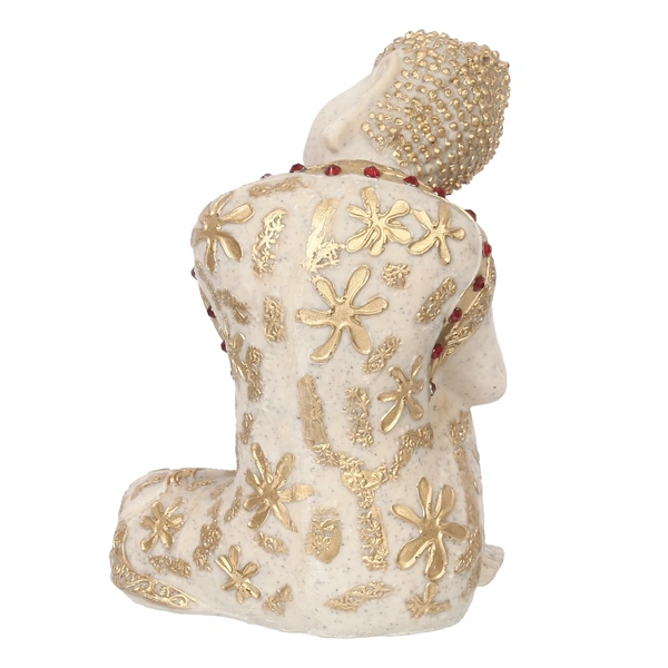 Polyresin White And Golden Resting Buddha On Knee Statue