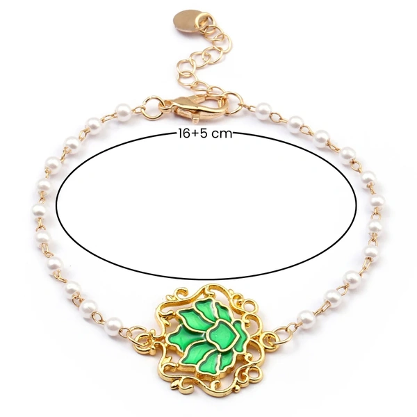Serenity Lotus Green Charm Gold Bracelet