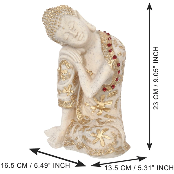 Polyresin White And Golden Resting Buddha On Knee Statue