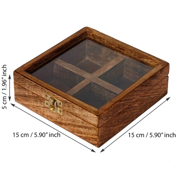 4 Square Compartments Handcrafted Wooden Spice Box