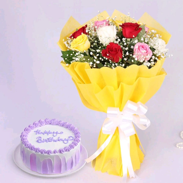 10 Mix Roses With Vanilla Birthday Cake