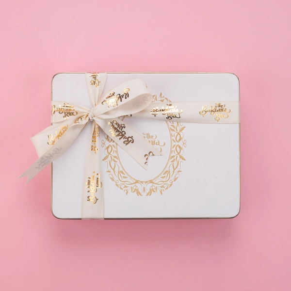White Tin Assorted Chocolate Baklava Box With Ribbon Packing - 350 Gm