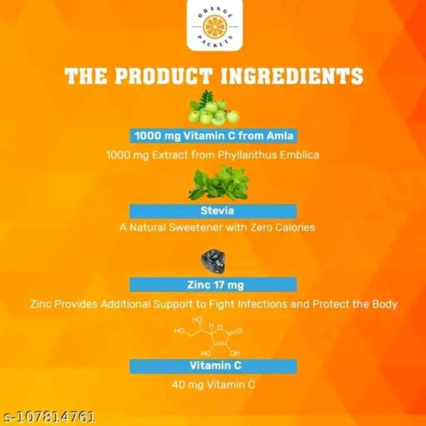 Food Supplement Orange Packets Natural Amla Vitamin C 1000mg With Zinc Effervescent Tablets - 30 Tablets