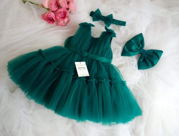 Designer Bottle Green  Ruffled Bellted Party Wear  - Bottle Green, 7-8 Years