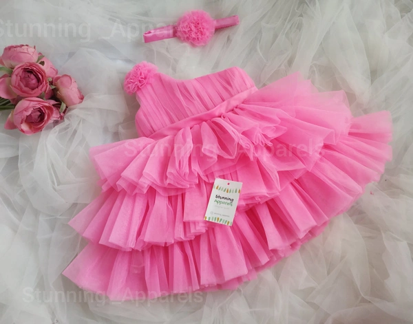 One Shoulder  Layered Fluffy Partywear Frock  - French Rose, 1-2 Years