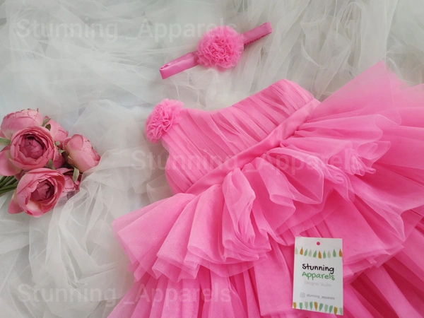 One Shoulder  Layered Fluffy Partywear Frock  - French Rose, 1-2 Years