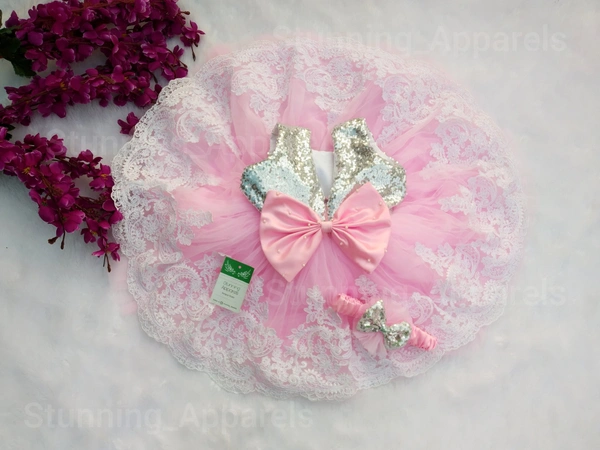 Designer White Lace Work Baby Pink Frock 