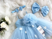 White Flower Work Paste Blue Strapped Frock  - 3-6 Month