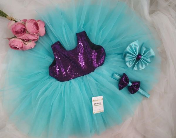 Purple Sequins Sky Blue Partywear Dress  - 1-2 Years