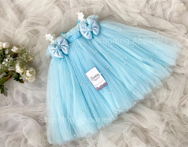 Pearls Work Whitw Flower Strapped  Partywear  Dress 