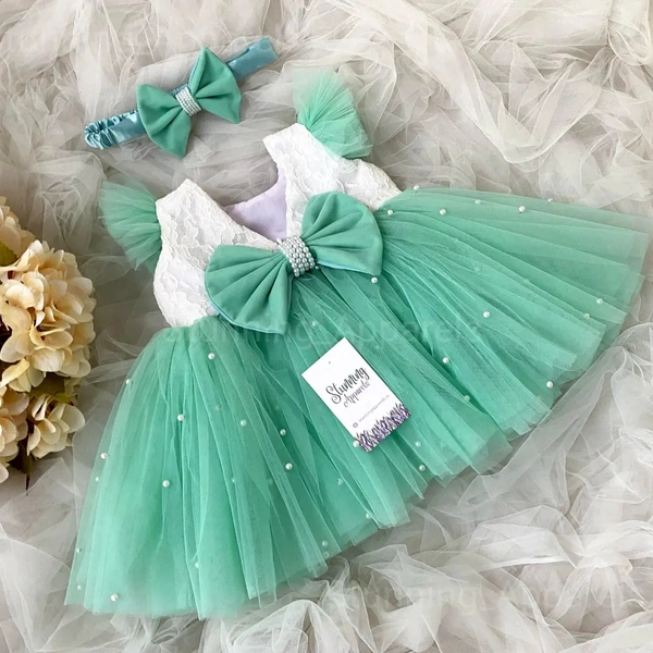 Ruffled Sleeves With Pearls Work Partywear See Green Dresss  - 3-6 Month