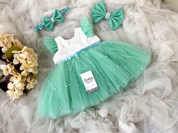 Ruffled Sleeves With Pearls Work Partywear See Green Dresss  - 3-6 Month