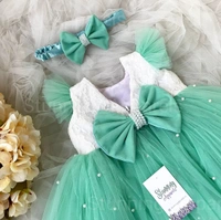 Ruffled Sleeves With Pearls Work Partywear See Green Dresss  - 3-6 Month