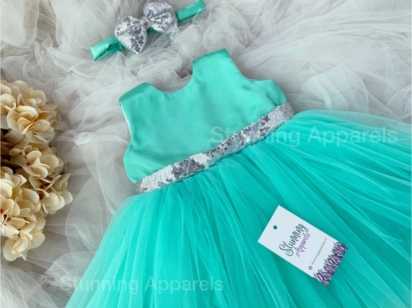 Silver Sequins Belted Bow Partywear See Green Dress - 0-3 Month