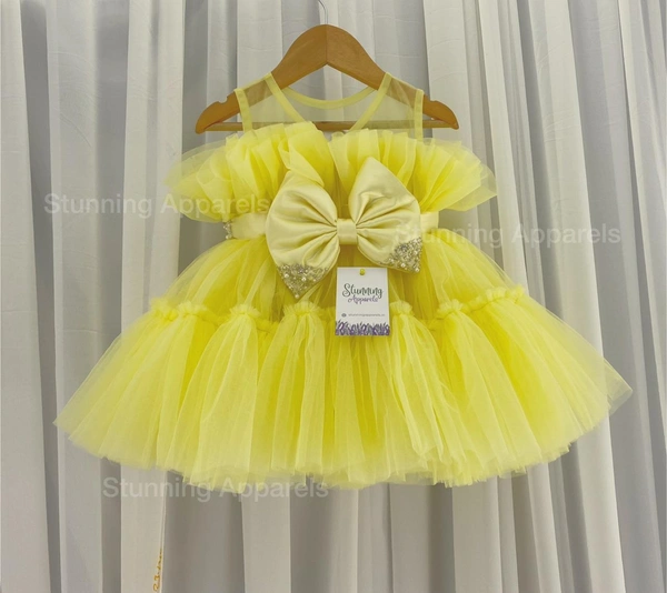 Designer Ruffled Partywear Lemon Yellow Frovk  - 6-9 Month
