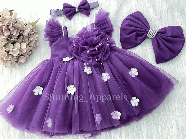 Ruffled Sleeves Strapped  White Flower Lavender Dress 