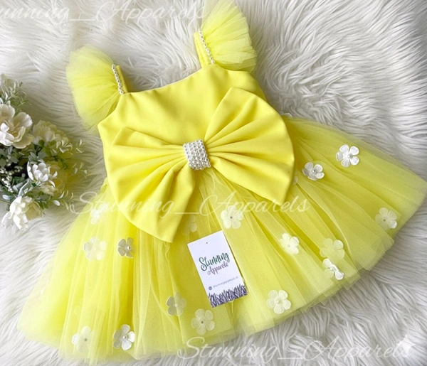 Ruffled Sleeves Strapped  Partywear Yellow Dress  - 9-12 Month