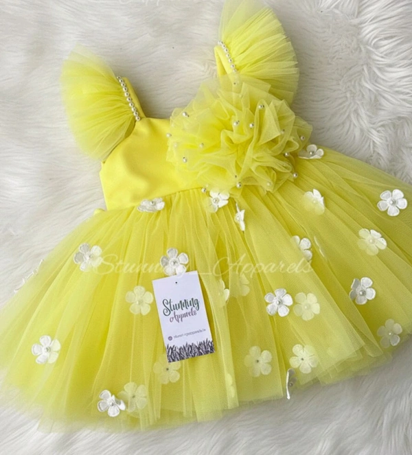 Ruffled Sleeves Strapped  Partywear Yellow Dress  - 9-12 Month