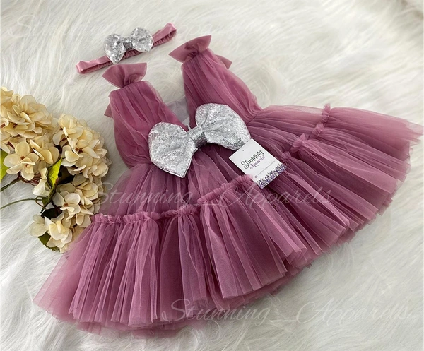 Shoulder Bow Ruffled Dusty Pink Partywear Frock  - 3-6 Month