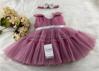 Shoulder Bow Ruffled Dusty Pink Partywear Frock  - 3-6 Month