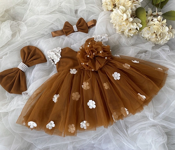 White Flower Work Cape Sleeves Iron Rust Partywear Frock 