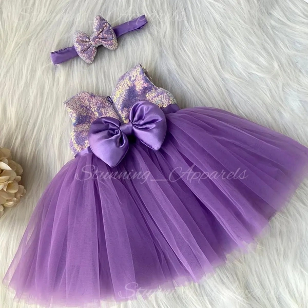 Satin Bow Partywear Lavender Frock  - 0-3 Months