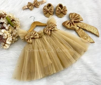 Golden Sequins  Bow Partywear  Umbrella  Golden Frock  - 0-3 Months