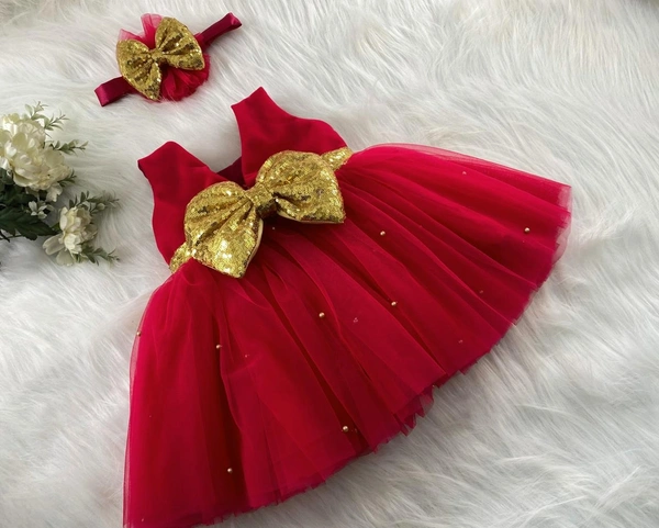 Golden Sequins  Bow Partywear  Red Frock  - 5-6 Years