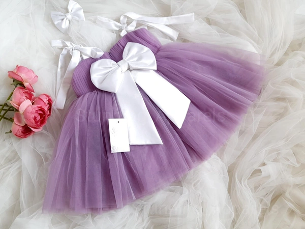 White Satin Bow Sweetheart Neck Patywear Lilac Frock  - 2-3 Years